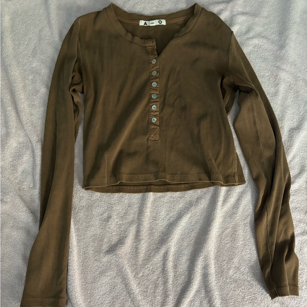 AMO Long Sleeve Button-Up Top - sassy ribbed Henley
